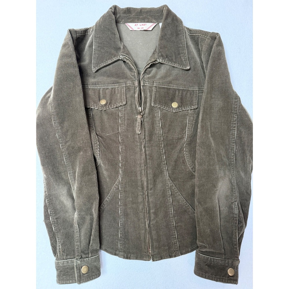 At Last New York Women Olive Corduroy Full Zip Jacket Utility Trucker Small